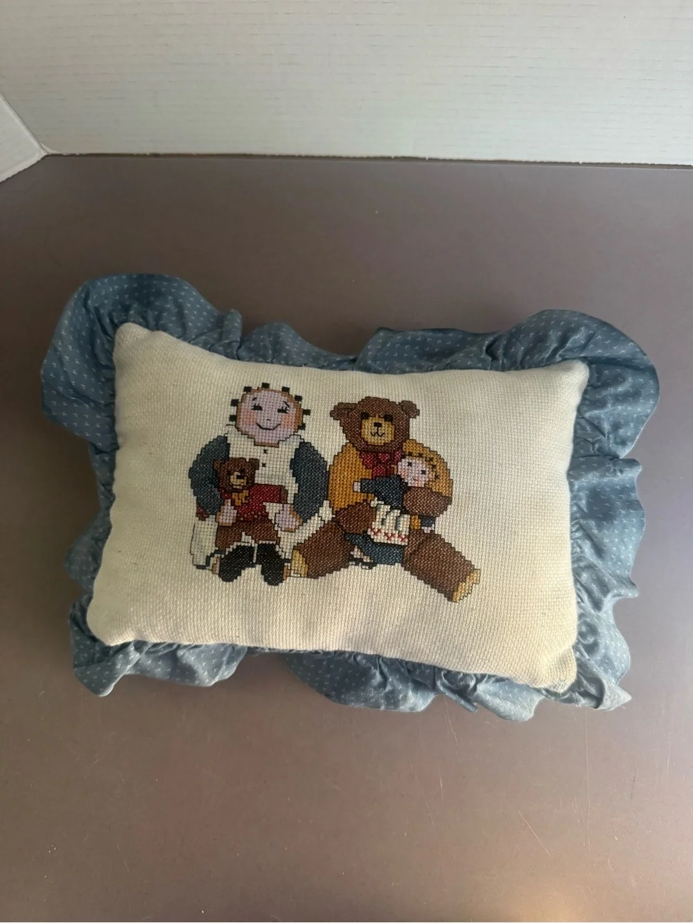 Handmade Cream Cross-Stitch Doll & Bear Accent Pillow with Blue Ruffle